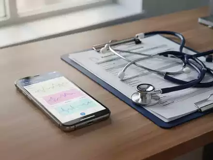 Ein Smartphone mit Gesundheitsstatistiken liegt neben einem Stethoskop und einer Patientenakte auf einem Schreibtisch. - Foto: über boerse-global.de