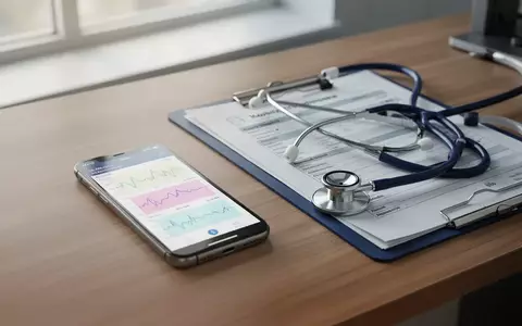 Ein Smartphone mit Gesundheitsstatistiken liegt neben einem Stethoskop und einer Patientenakte auf einem Schreibtisch. - Foto: über boerse-global.de