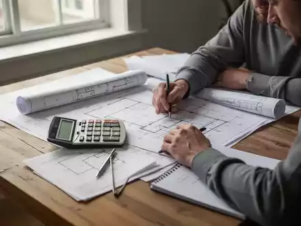 Eine Person sitzt an einem Schreibtisch mit Bauplänen und einem Taschenrechner, um die Kosten einer Immobilie zu analysieren. - Foto: über boerse-global.de