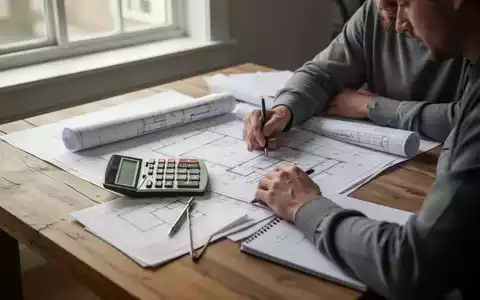 Eine Person sitzt an einem Schreibtisch mit Bauplänen und einem Taschenrechner, um die Kosten einer Immobilie zu analysieren. - Foto: über boerse-global.de