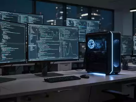 Ein moderner, nächtlicher Büroarbeitsplatz mit leistungsstarker Computer-Hardware und leuchtenden Monitoren. - Foto: über boerse-global.de
