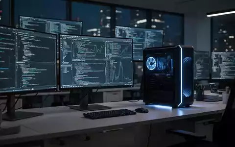 Ein moderner, nächtlicher Büroarbeitsplatz mit leistungsstarker Computer-Hardware und leuchtenden Monitoren. - Foto: über boerse-global.de