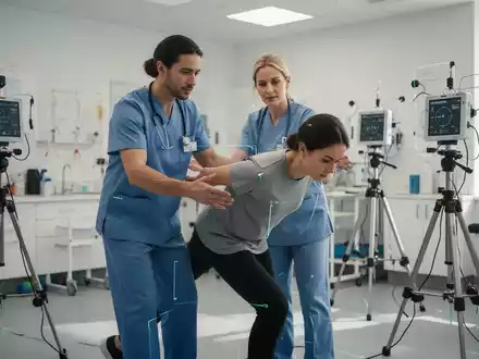 Ein Physiotherapeut begleitet einen Patienten bei einer modernen Bewegungsübung in einer hellen, klinischen Praxis. - Foto: über boerse-global.de