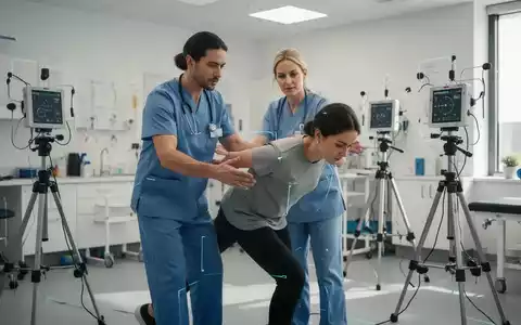 Ein Physiotherapeut begleitet einen Patienten bei einer modernen Bewegungsübung in einer hellen, klinischen Praxis. - Foto: über boerse-global.de