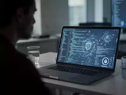 Ein moderner, leicht abgedunkelter Büroarbeitsplatz mit einem Laptop, der abstrakte Sicherheitsdaten anzeigt. - Foto: über boerse-global.de