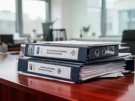 Ein Stapel Aktenordner auf einem Schreibtisch in einem Büro einer gesetzlichen Krankenkasse. - Foto: über boerse-global.de