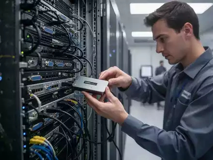 Ein IT-Techniker schließt ein KVM-Gerät an einen Server in einem modernen Rechenzentrum an. - Foto: über boerse-global.de