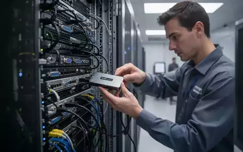 Ein IT-Techniker schließt ein KVM-Gerät an einen Server in einem modernen Rechenzentrum an. - Foto: über boerse-global.de