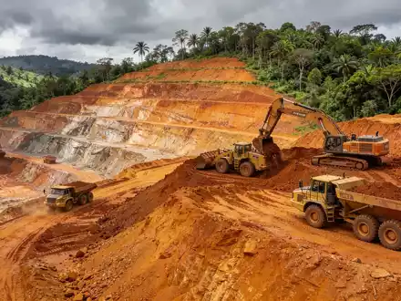 Ein offener Kupfertagebau in einer tropischen Berglandschaft mit schwerem Gerät bei der Arbeit. - Foto: über boerse-global.de