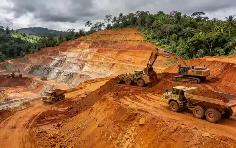 Ein offener Kupfertagebau in einer tropischen Berglandschaft mit schwerem Gerät bei der Arbeit. - Foto: über boerse-global.de