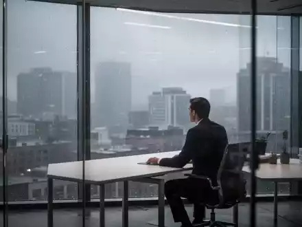Eine Person sitzt an einem Schreibtisch in einem modernen Büro und blickt an einem regnerischen Tag aus dem Fenster. - Foto: über boerse-global.de