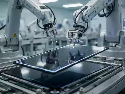 Ein Roboterarm in einer hochmodernen Fabrik handhabt ein dünnes OLED-Displaypanel in einer sauberen Produktionsumgebung. - Foto: über boerse-global.de