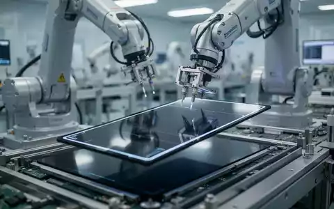 Ein Roboterarm in einer hochmodernen Fabrik handhabt ein dünnes OLED-Displaypanel in einer sauberen Produktionsumgebung. - Foto: über boerse-global.de