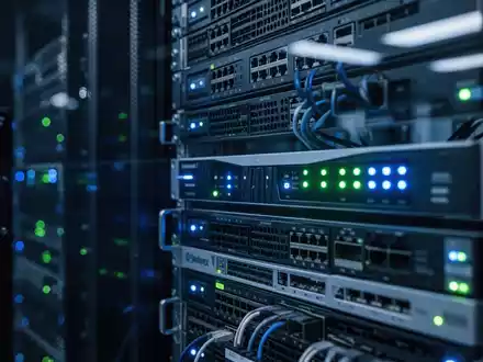 Nahaufnahme von professioneller Netzwerk-Hardware in einem Serverraum mit blinkenden Kontrollleuchten. - Foto: über boerse-global.de