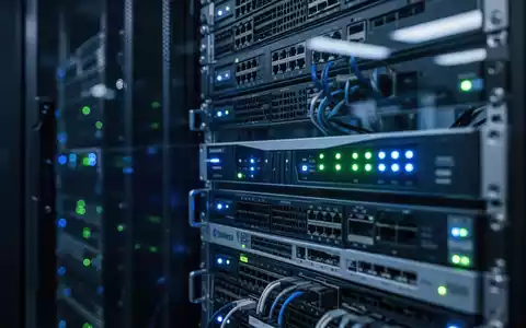 Nahaufnahme von professioneller Netzwerk-Hardware in einem Serverraum mit blinkenden Kontrollleuchten. - Foto: über boerse-global.de