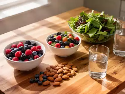 Frische, unverarbeitete Lebensmittel wie Beeren, Nüsse und ein Salat auf einem Holztisch bei natürlichem Tageslicht. - Foto: über boerse-global.de