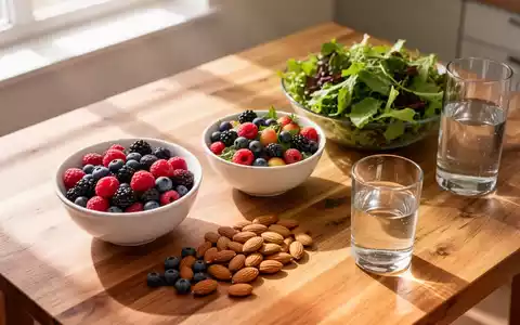 Frische, unverarbeitete Lebensmittel wie Beeren, Nüsse und ein Salat auf einem Holztisch bei natürlichem Tageslicht. - Foto: über boerse-global.de