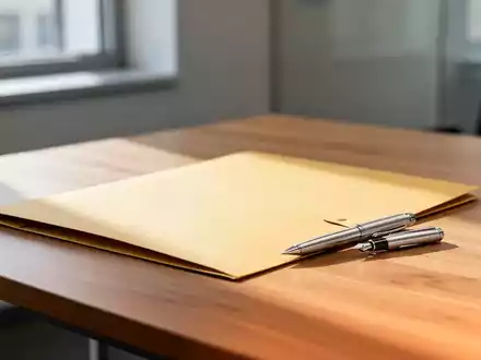 Ein leerer Aktenordner und ein Füllfederhalter auf einem minimalistischen Schreibtisch in einem Jobcenter. - Foto: über boerse-global.de