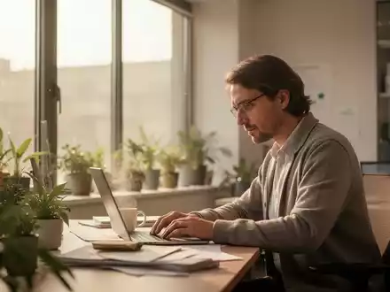 Eine konzentrierte Person in einem sonnendurchfluteten BĂŒro, die in einer ruhigen ArbeitsatmosphĂ€re arbeitet. - Foto: ĂŒber boerse-global.de