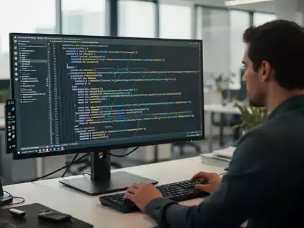 Ein Softwareentwickler arbeitet an einem modernen Arbeitsplatz an komplexem Programmcode auf einem Bildschirm. - Foto: über boerse-global.de
