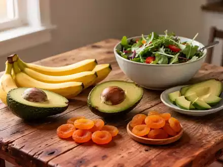 Eine Auswahl gesunder, kaliumreicher Lebensmittel wie Bananen, Avocados, Aprikosen und Feldsalat auf einem Holztisch. - Foto: über boerse-global.de