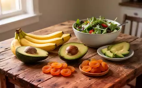 Eine Auswahl gesunder, kaliumreicher Lebensmittel wie Bananen, Avocados, Aprikosen und Feldsalat auf einem Holztisch. - Foto: über boerse-global.de