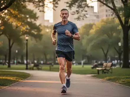 Eine Person joggt in einem herbstlichen Stadtpark während der goldenen Stunde für ein gesundes Ausdauertraining. - Foto: über boerse-global.de