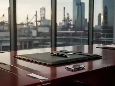 Ein minimalistischer, eleganter Schreibtisch in einem modernen Bürogebäude mit Blick auf eine Industrielandschaft. - Foto: über boerse-global.de
