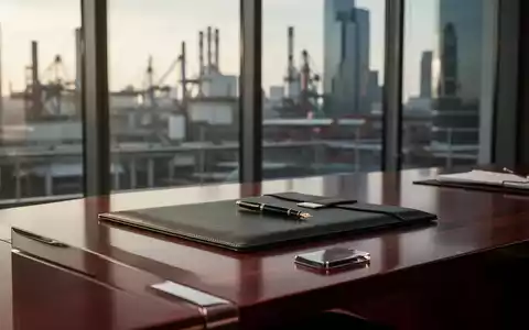 Ein minimalistischer, eleganter Schreibtisch in einem modernen Bürogebäude mit Blick auf eine Industrielandschaft. - Foto: über boerse-global.de