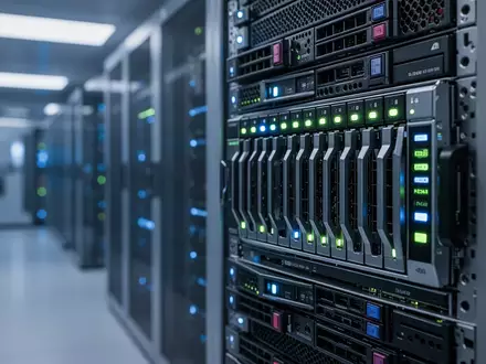 Moderne Server-Racks in einem Rechenzentrum mit blauer Beleuchtung, die die technologische Infrastruktur für KI-Modelle darstellen. - Foto: über boerse-global.de