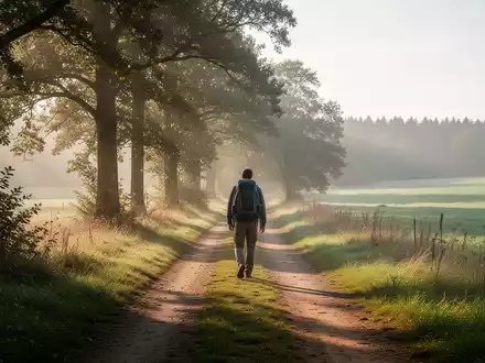 Eine Person wandert bei Sonnenlicht auf einem ruhigen Feldweg in einer ländlichen Landschaft. - Foto: über boerse-global.de