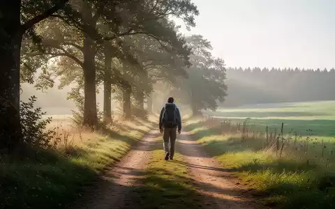 Eine Person wandert bei Sonnenlicht auf einem ruhigen Feldweg in einer ländlichen Landschaft. - Foto: über boerse-global.de
