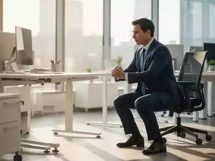 Eine Person in Bürokleidung führt eine Kniebeuge neben einem modernen Schreibtisch in einem hellen Büro aus. - Foto: über boerse-global.de