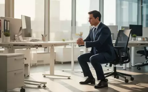 Eine Person in Bürokleidung führt eine Kniebeuge neben einem modernen Schreibtisch in einem hellen Büro aus. - Foto: über boerse-global.de