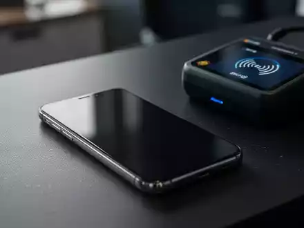 Ein modernes Smartphone liegt neben einem kontaktlosen Zahlungsterminal auf einem dunklen Untergrund. - Foto: über boerse-global.de