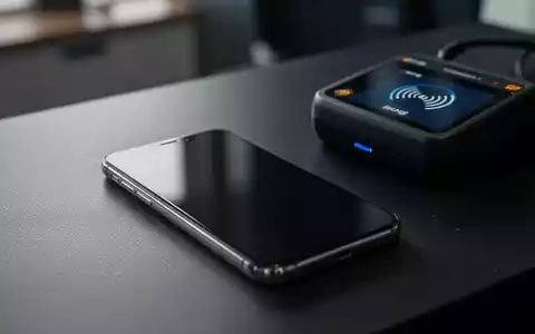 Ein modernes Smartphone liegt neben einem kontaktlosen Zahlungsterminal auf einem dunklen Untergrund. - Foto: über boerse-global.de