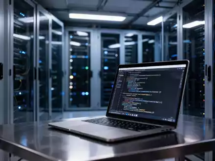 Ein dunkler Serverraum mit beleuchteten Serverschränken und einem Laptop auf einem Schreibtisch im Vordergrund. - Foto: über boerse-global.de