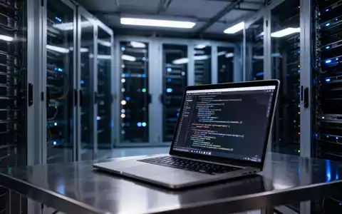 Ein dunkler Serverraum mit beleuchteten Serverschränken und einem Laptop auf einem Schreibtisch im Vordergrund. - Foto: über boerse-global.de