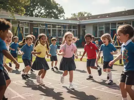 Eine Gruppe von Grundschulkindern beim Spielen auf einem sonnigen Schulhof. - Foto: über boerse-global.de