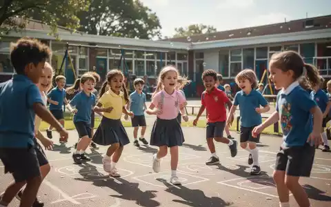 Eine Gruppe von Grundschulkindern beim Spielen auf einem sonnigen Schulhof. - Foto: über boerse-global.de