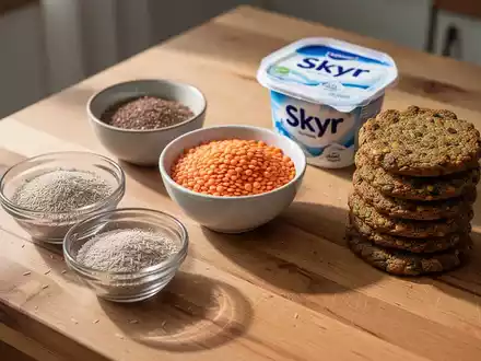 Eine Auswahl gesunder Lebensmittel wie Flohsamenschalen, Linsen und Skyr auf einem Holztisch. - Foto: über boerse-global.de