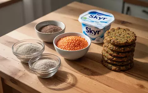 Eine Auswahl gesunder Lebensmittel wie Flohsamenschalen, Linsen und Skyr auf einem Holztisch. - Foto: über boerse-global.de