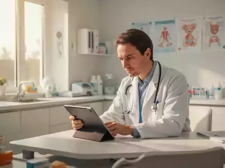 Ein Arzt in einer hellen, modernen Kinderarztpraxis betrachtet ein Tablet, um einen Behandlungsverlauf zu prüfen. - Foto: über boerse-global.de