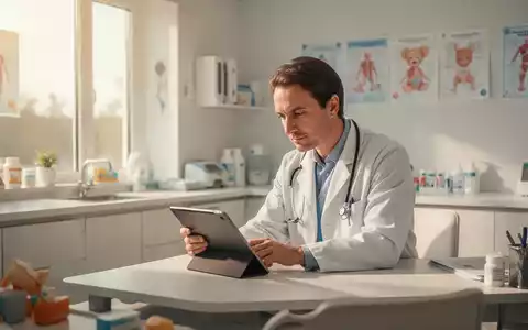 Ein Arzt in einer hellen, modernen Kinderarztpraxis betrachtet ein Tablet, um einen Behandlungsverlauf zu prüfen. - Foto: über boerse-global.de