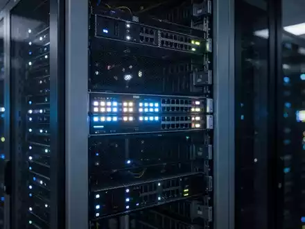 Nahaufnahme von blinkenden Statusleuchten in einem modernen Serverraum, die Sicherheit und IT-Infrastruktur symbolisieren. - Foto: über boerse-global.de