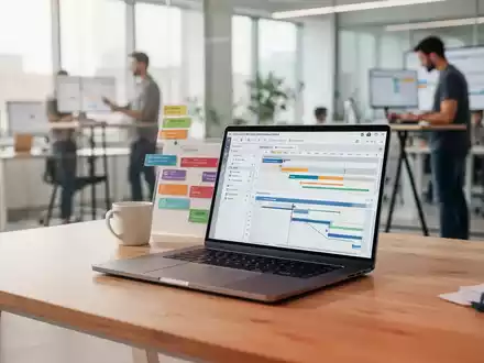 Ein moderner Büroarbeitsplatz mit einem Laptop, auf dem eine Projektmanagement-Software mit grafischen Diagrammen zu sehen ist. - Foto: über boerse-global.de