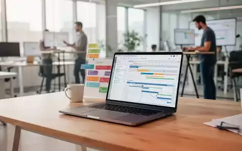 Ein moderner Büroarbeitsplatz mit einem Laptop, auf dem eine Projektmanagement-Software mit grafischen Diagrammen zu sehen ist. - Foto: über boerse-global.de