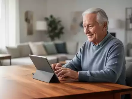 Eine Person mittleren Alters nutzt konzentriert ein Tablet in einer hellen, freundlichen Wohnumgebung. - Foto: über boerse-global.de