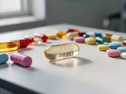 Nahaufnahme von verschiedenen bunten Vitaminpräparaten und Kapseln auf einem medizinischen Untersuchungstisch. - Foto: über boerse-global.de
