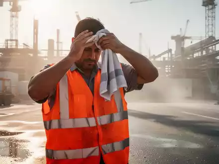 Ein Bauarbeiter wischt sich bei extremer Hitze auf einer Baustelle den Schweiß von der Stirn. - Foto: über boerse-global.de